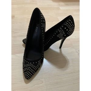 Justfab Women's Black Suede Gold Rhinestones Pumps Heels 4.5" Size 9M